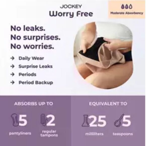 NWT New Jockey Nude Worry-Free Moderate Absorbency Bikini Underwear Panties M - Picture 5 of 12